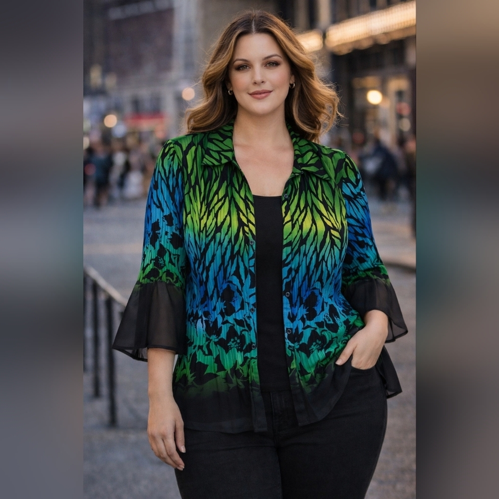 Sheer Chiffon Blouse Green Blue Ombre Floral Top Flowy Bell Sleeve Work Casual